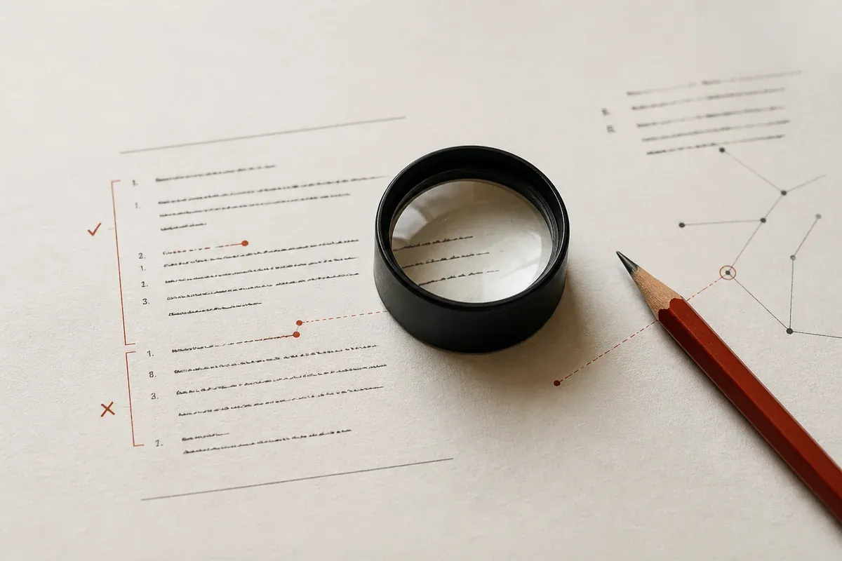 A magnifying loupe and red pencil over a citation-checking sheet.