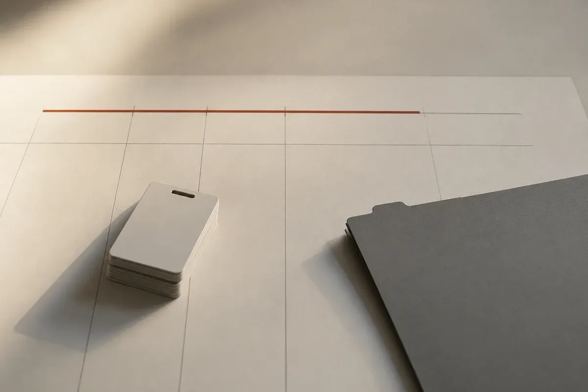 Unused access cards and a project folder beside a progress line that ends early.