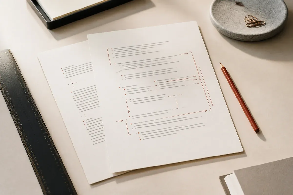 Contract clauses marked with brackets, arrows and hierarchy lines.