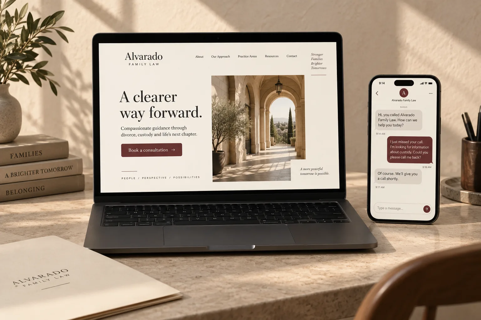 Illustrative law-firm website on a laptop beside a phone showing a follow-up text conversation.