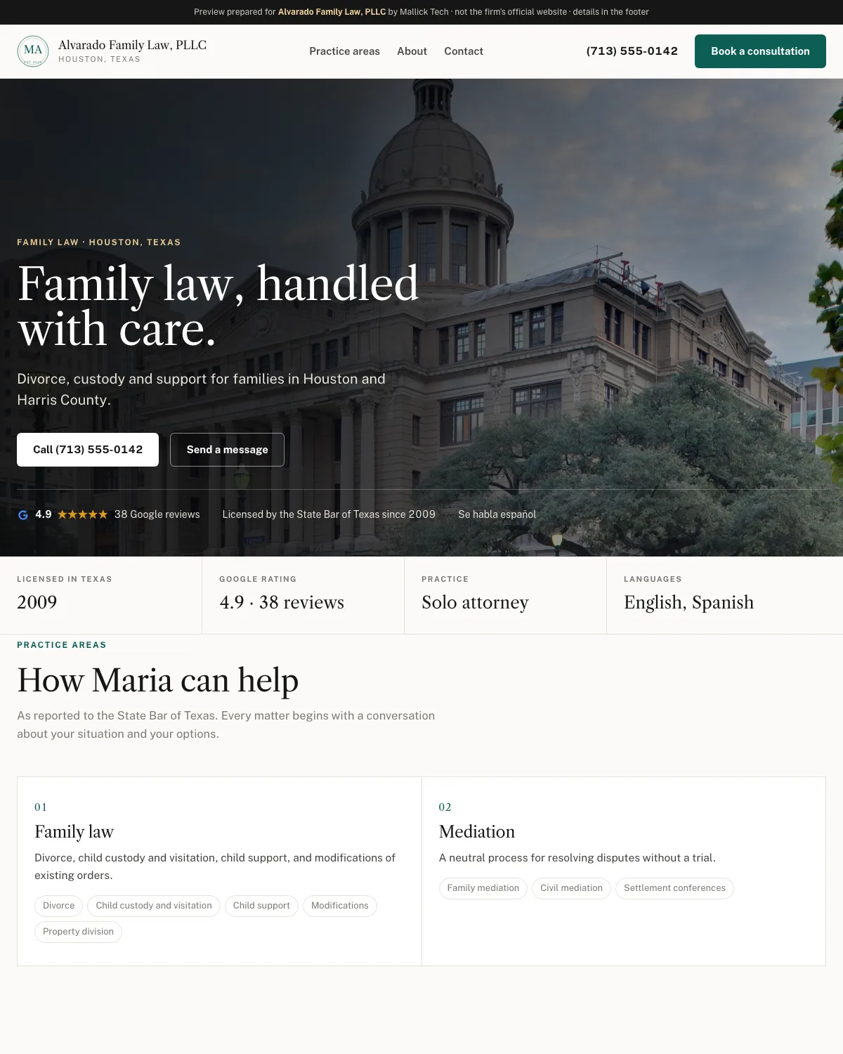 Home page of a demonstration website for a fictional Houston family law firm: a photograph header, the firm’s name, practice areas, reviews and a contact form.